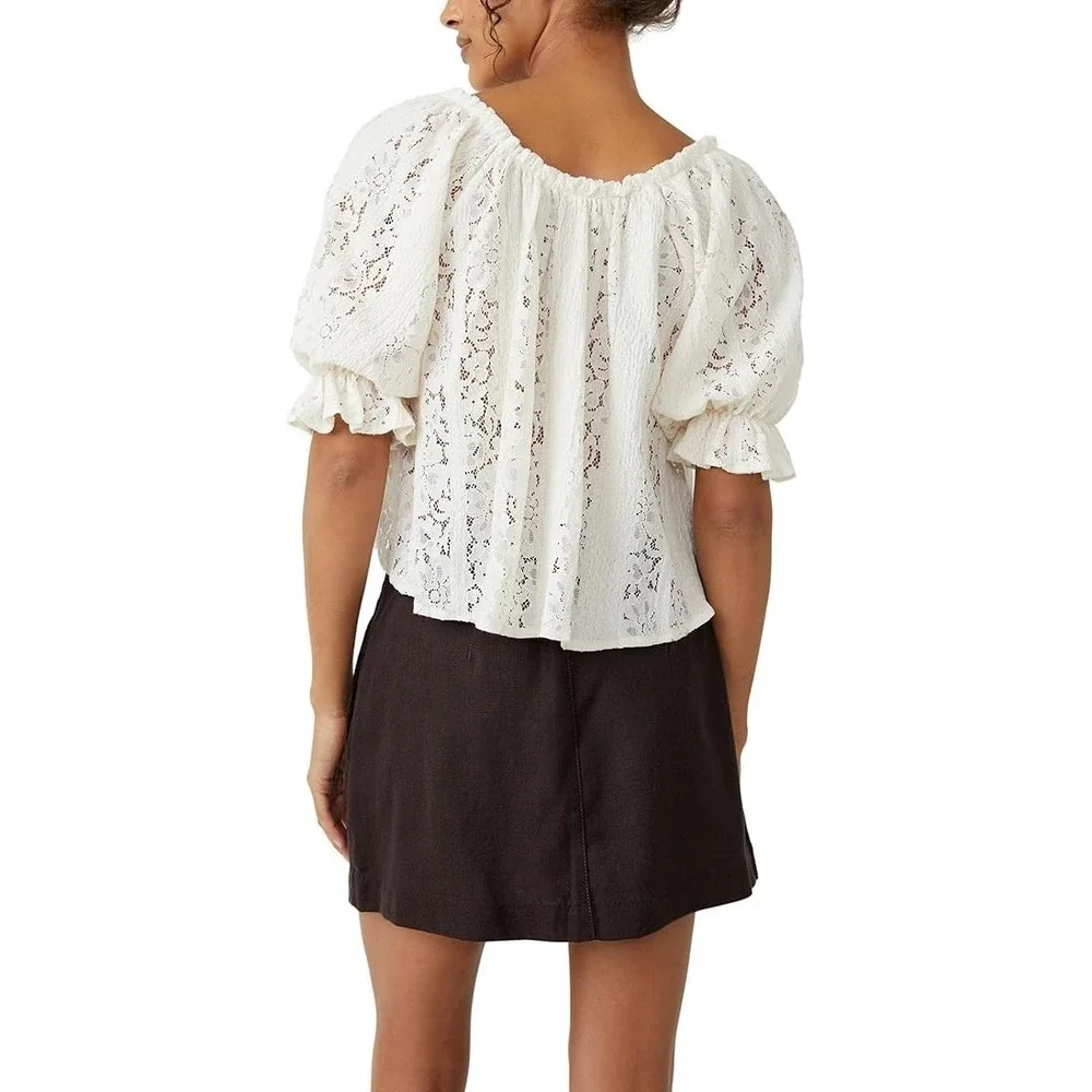 Free People Stacey‎ Lace Top White Sheer Boho Cottagecore Romantic S